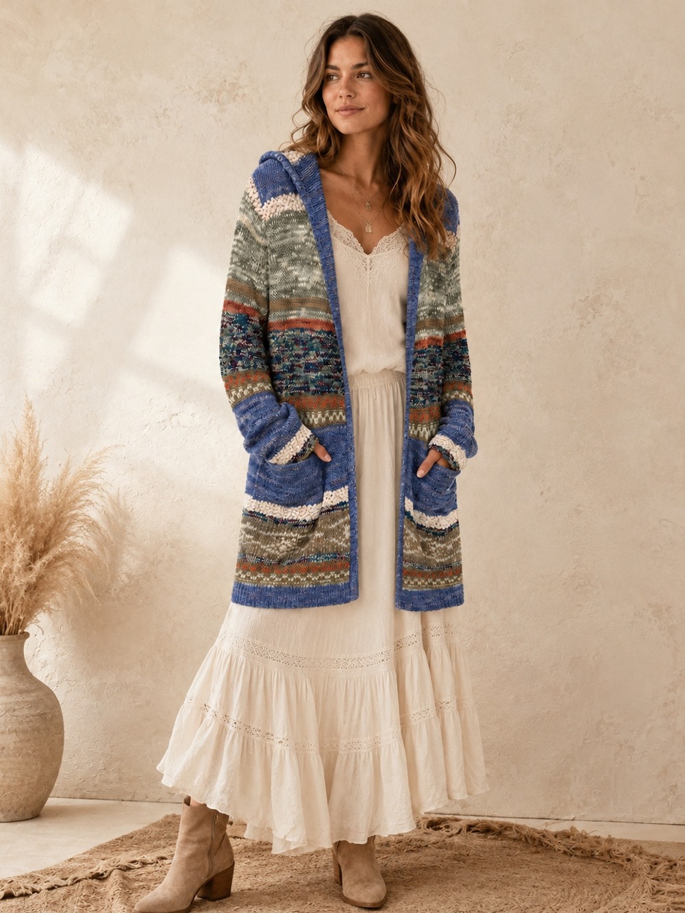American Rag Multicolor Hooded Cardigan with Blue Trim
